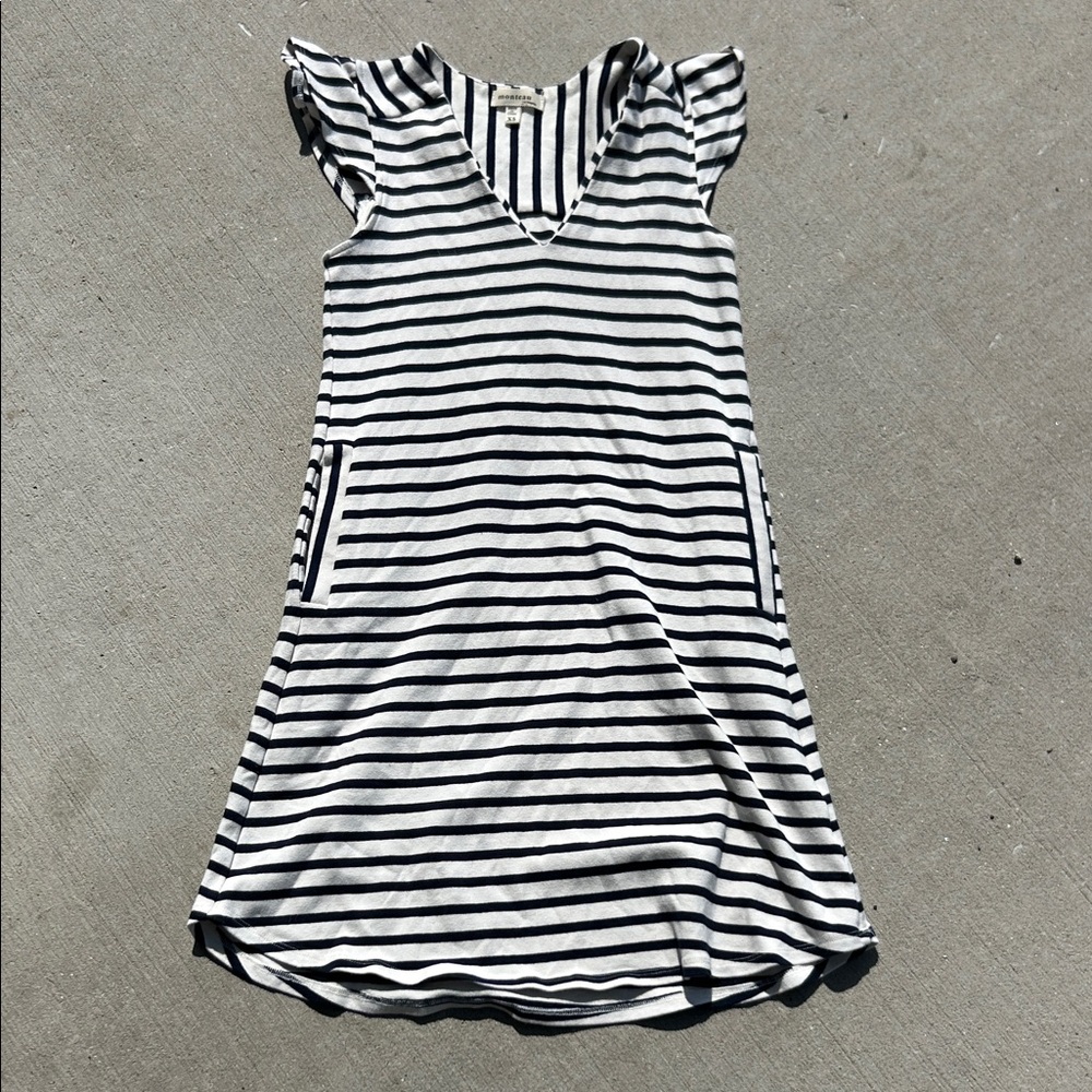 Monteau Navy & White Striped V‑Neck mini dress